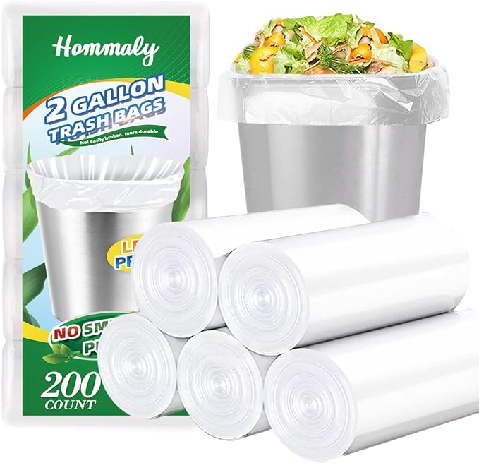 Hommaly 2 Gallon 200 pcs Small Clear Trash Bags(Fit1.8-2 Gal), Strong 1.8 Gallon Garbage Bags, Bathroom Trash Can Bin Liners Unscented, Mini Plastic Bags for Office,Waste Basket Liner,Fit 6,7,8 Liters