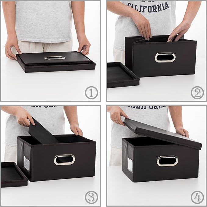 Collapsible Storage Box with Lid [1-Pack] Leather Fabric Foldable Storage Bin Organizer Container Basket Cube with Cover for Home Bedroom Closet Office Nursery Black (13.6x9.6x6.9)