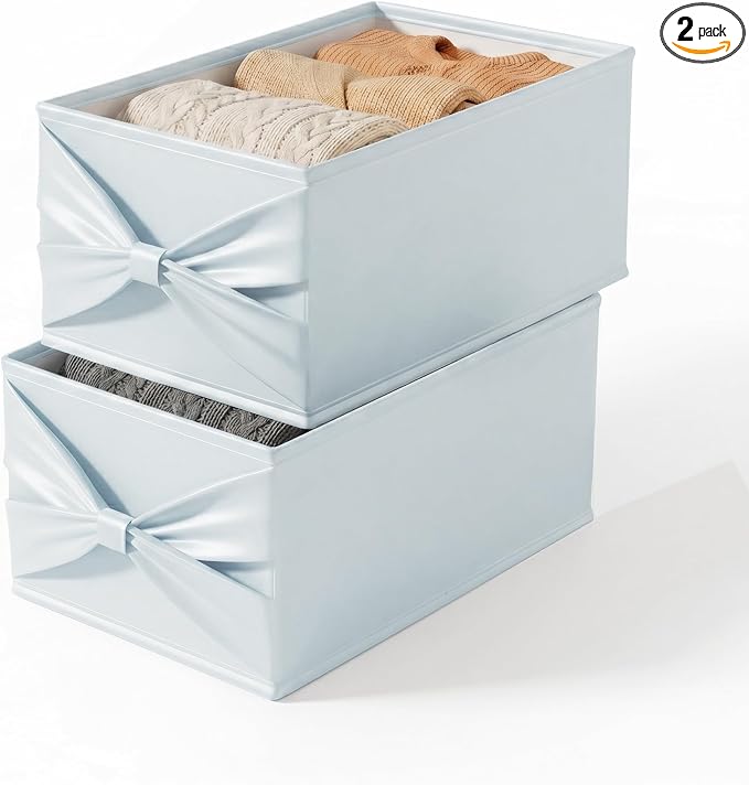 2 Pack Satin Fabric Closet Storage Boxs, 18.5×11×7.9 IN Foldable Organizer Bins with Bowknot, Soft & Sturdy Pink/Blue Storage Baskets for Home Organization, Clothing, Toys, Caps (2 Pack Blue)