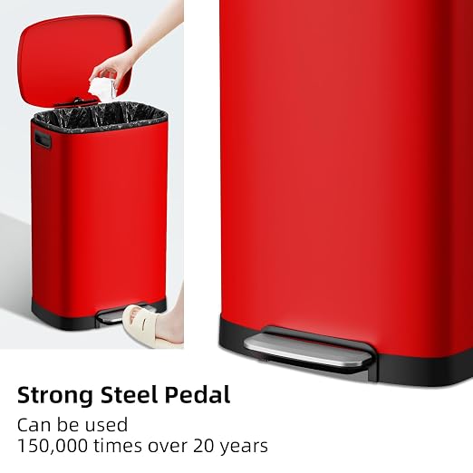 KdbK 13 Gallon Trash Can with Lid, 50L Fingerprint Proof Stainless Steel Kitchen Trash Can with Removable Inner Bucket and Lid Soft Close, Pedal Rubbish Bin for Home Office, Red