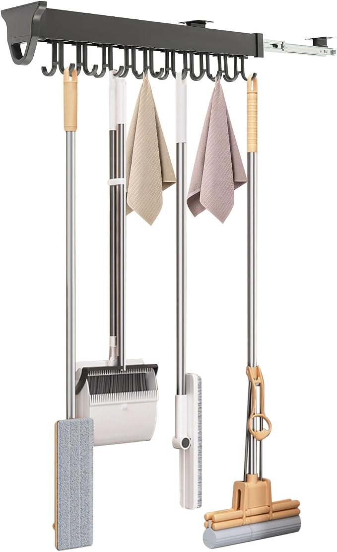 Pull Out Broom and Mop Organizer, Wall Mounted Sliding Storage Rack with 20 Adjustable Hooks, 66 lbs Capacity Slide Out Cabinet Organizer for Laundry Room Kitchen Garage Closet Pantry