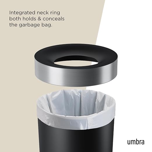 Umbra Vento Kitchen Trash Can, Open Top Bin, 16.5 Gallon, Black/Nickel | Brushed metal accents, bag concealing design, easy wipe clean, fits home and office, durable plastic