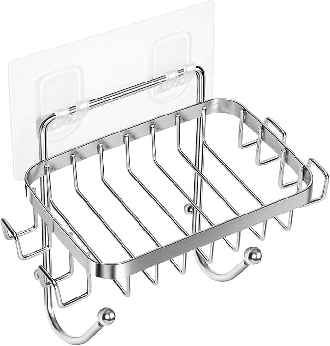 ODesign Soap Holder for Shower Wall Stainless Steel with 6 Hooks -Silver | Loofah, sponge, and razor holder, adhesive wall-mounted, no drilling, removable for cleaning, for kitchens and bathrooms