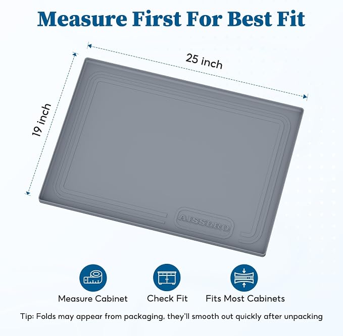 Aisslro Waterproof Under Sink Mat 25"x19", Silicone Mat, Dark Gray | BPA-Free Shelf Liner, Raised Edge Traps Spills & Leaks, Bathroom, Kitchen Cabinet, for Boots, Pets, Home Essentials Organizer