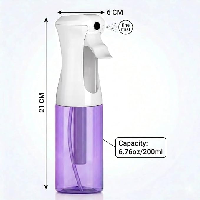 VIGOR PATH Continuous Mist Purple Spray Bottle 200ml Fine Mist for Hair | Aerosol Free Reduces Hand Fatigue Salon Refillable Lightweight Cleaning