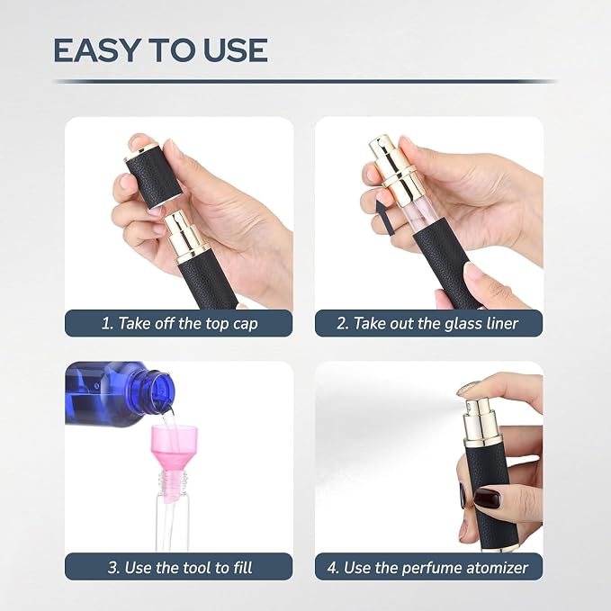 Fusupak Travel Perfume Bottle Refillable, 10ml Leather Cologne Atomizer | Small size spray, for men & women, portable fragrance refill sprayer, leak-proof empty decants, TSA, fine mist, 2pcs