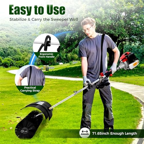 2-Stroke Gas Handheld Sweeper, 52CC 2.3HP Snow Sweeping Broom Walk Behind Sweeper Driveway Turf Lawns Artificial Grass Power Brush Lawn Sweeper Cleaner Tools for Leaves Debris Cleaning