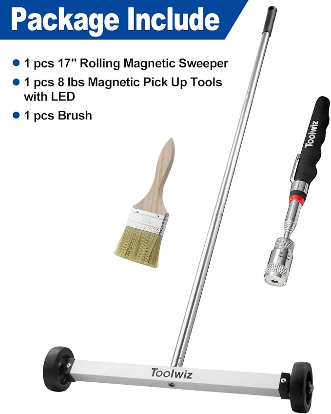 Toolwiz 17" Rolling Magnetic Sweeper with LED Telescopic Pick Up Tool | 10lbs Capacity Sweeper, 8lbs Telescopic Magnetic Pick Up Tool with LED Light, Lightweight with Wheels