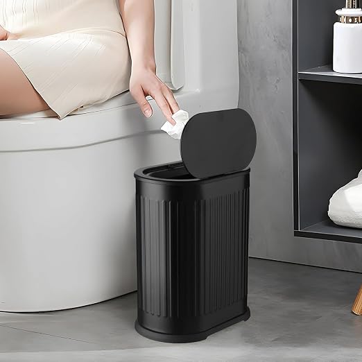 1.6 Gallon Trash Can with Lid, Small Bathroom Trash Can Wastebasket, Slim Garbage Can with Inner Bucket, Press Top Lid Garbage Container Bin for Kitchen, Home, Office, Bedroom, Living Room (Black)