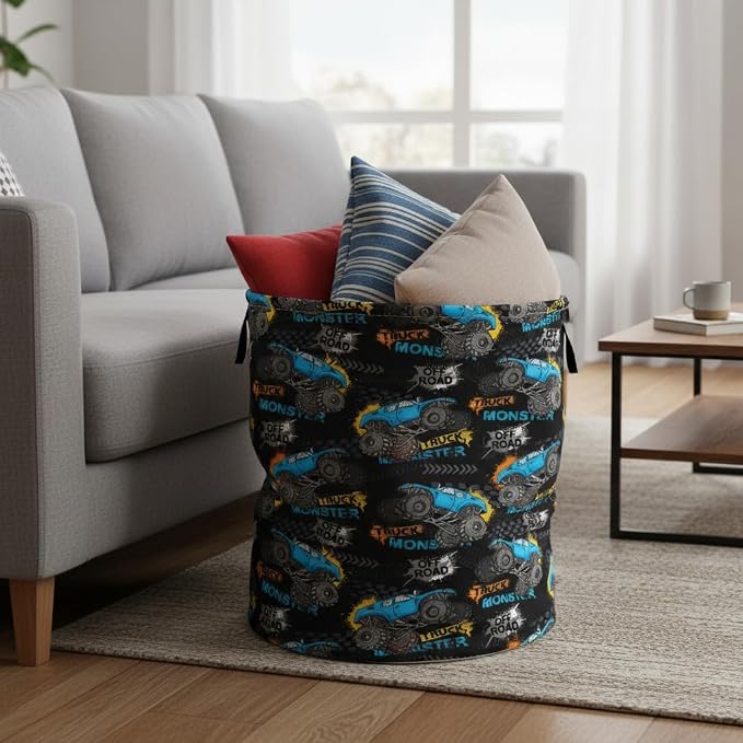 Collapsible Round Storage Basket, Waterproof Soft-Sided Organizer,Laundry Basket(Monster Truck)