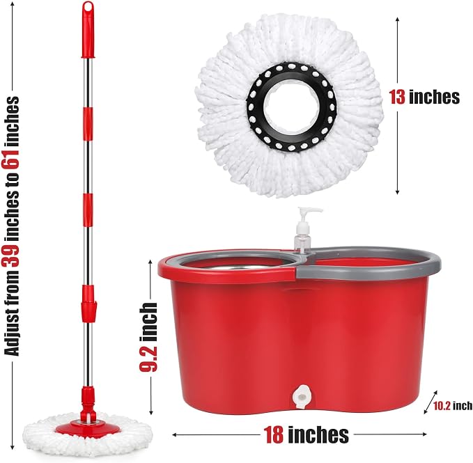 Spin Mop and Bucket System with Stainless Steel Wringer, 3 Mop Heads | Microfiber Spin Mop and Bucket System with Stainless Steel Wringer, 3 Mop Heads & 61" Telescoping Handle