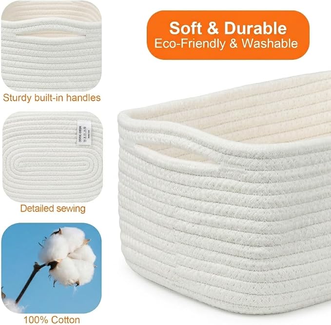 3Pack Small Woven Storage Baskets for Shelves Organizing | Cotton Rope Closet Organizer Bins, Basket for Gifts Empty, Nursery, Living room, Dog Toy Basket 13.2x8.2x5.2 in, White