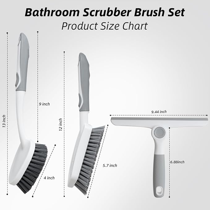 3 Pack Shower Cleaning Brush Set with Grout Cleaning Brush and Squeegee | Stiff Bristles, Ergonomic Handle, Heavy Duty Scrub Brush for Cleaning Bathroom, Shower, Bathtub, Floor, Grout, Tile, Sink