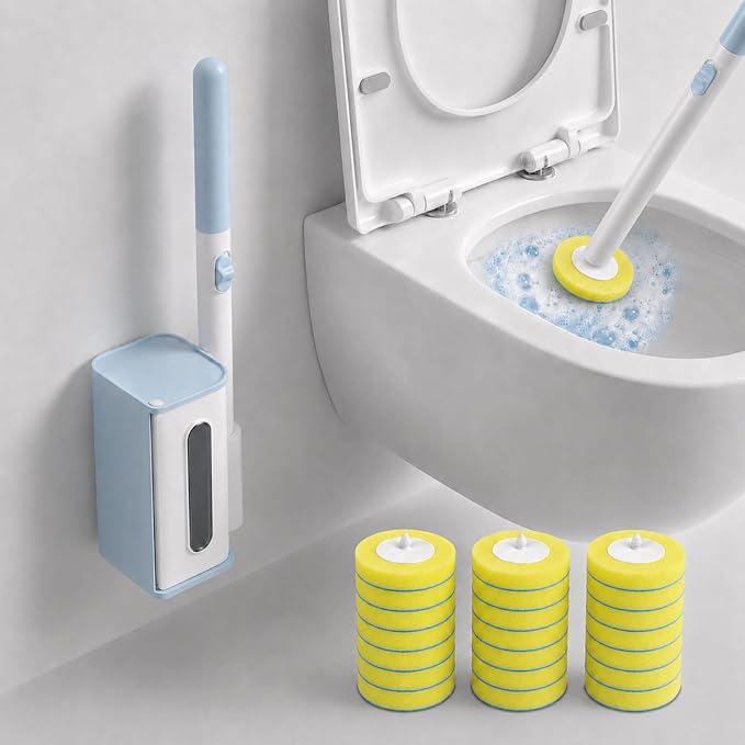 Disposable Toilet Bowl Cleaner Wand and Holder Set, Wall-Mounted | Hands Free Toilet Scrubber Wand, Bathroom Cleaning Supplies, 1 Wand and 1 Holder with 24 Yellow Refills, Light Lemon Scent