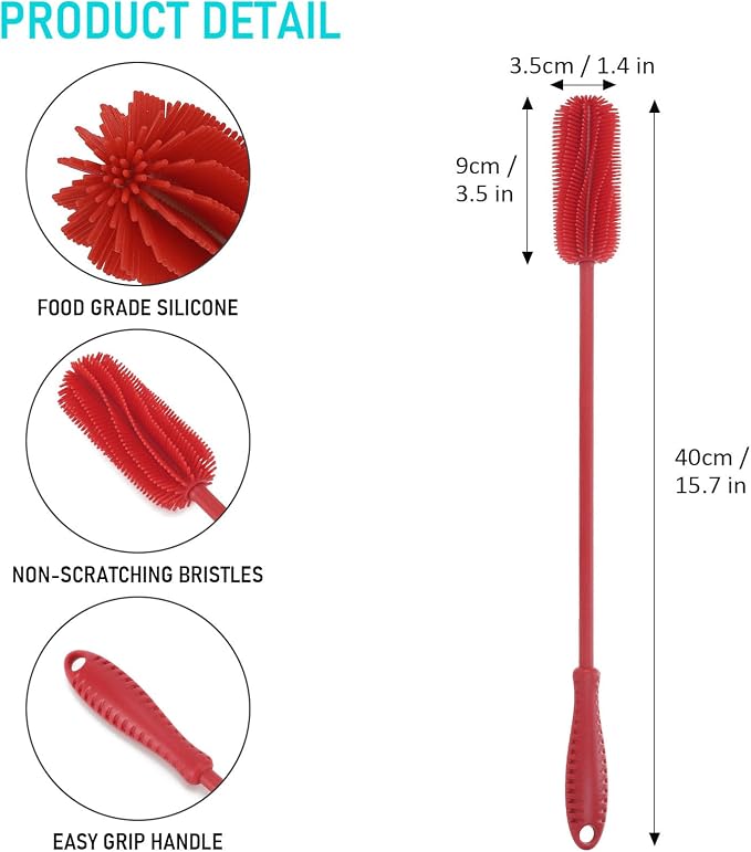 Silicone Bottle Brush, 15.7" Water Bottle Cleaner Brush, Red | Water Bottle Cleaner for Baby Bottles, Hydro Flask, Sports Bottle, Vase, Glassware, for Smaller Diameter Bottle Openings