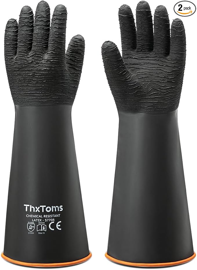 ThxToms Heavy Duty Rubber Gloves, 14" Upgraded with Non-Slip Design | 1 Pair Black Industrial Chemical Resistant Gloves Waterproof Reusable Protective Work Gloves for Dishwashing