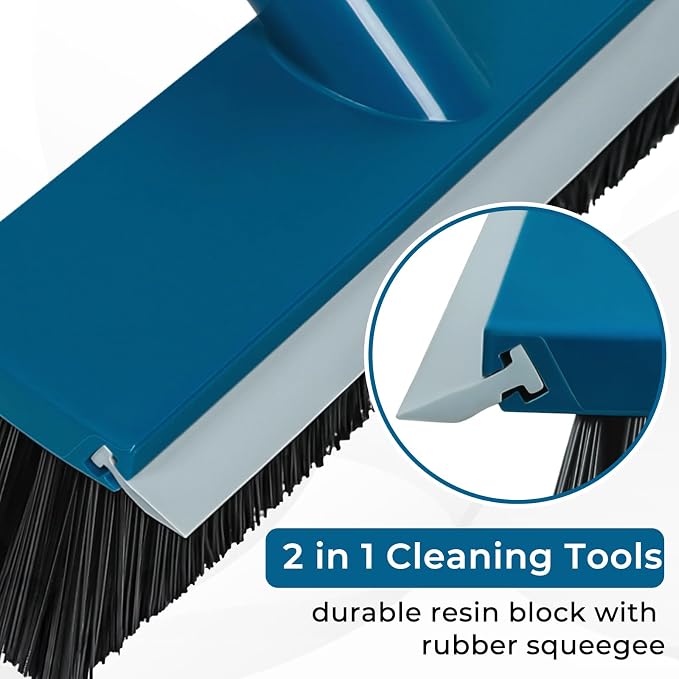 Stiff Bristle Deck Brushes for Scrubbing Heavy Duty with Rubber Scrape Squeegee, 55” Long Handle Scrub Brush for Bathroom Shower Carpet Outdoor Floor Cleaning (Head Size: 10.8”)