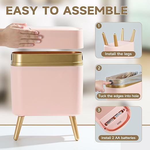 Automatic Bathroom Trash Can,Tall Slim Sensor Waste Basket,Pink Gold | 2.6 Gallon Waterproof Motion Sensor Trash Can, Small Garbage bin for Bedroom,Office,Living Room,Kitchen,RV,Restroom,Laundry