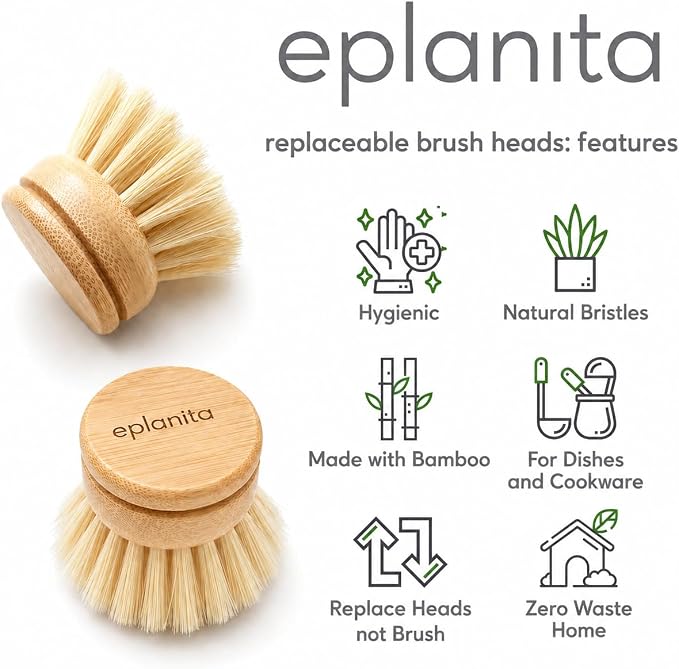 Replacement Brush Heads (Pack of 8) for Bamboo Dish Brush, Sisal Bristle Refills, Agave Cactus Fibres, Kitchen Eco Scrubber, Plastic Free Washing Up, Zero Waste Cleaning