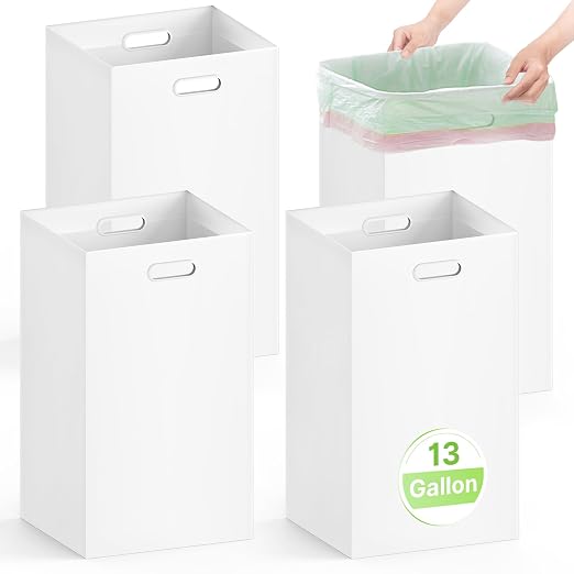 4 Pack 13 Gallon Disposable Trash Cans,13.5" L x 10.0" W x 21.7" H, White | With Handle, Large, Collapsible, Thick Recycled Cardboard, Recycling Bins for Parties Events Camping