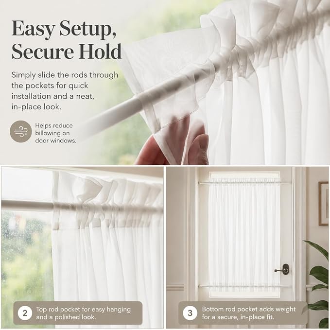 Aquazolax Glass Door Curtain Panel Elegant Soild Rod Pocket Sheer Voile Panels 54x40-Inch for French Doors Windows with Tieback - 1 Panel, White