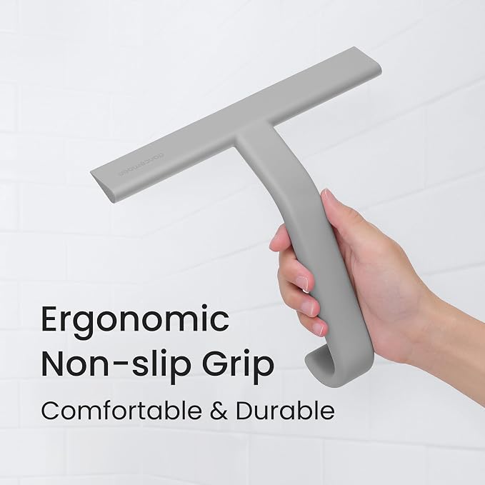 JustHang Shower Squeegee with Built-in Hook, 10-Inch Gray | Award-Winning Design, All-One-Piece Soft-Touch Silicone, for Glass Door, Bathroom, Window, Mirror, Tile Wall, Car