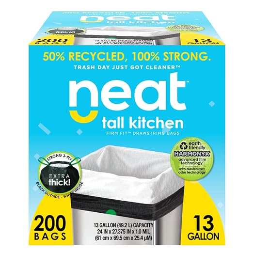 Neat 13 Gallon Drawstring Trash Bags 24" x 25" 200 Count Black & White