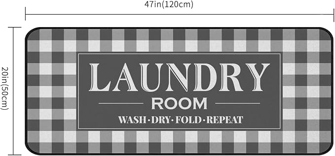 ROMAMIGO Laundry Room Rug Runner Non Slip Laundry Mats Mudroom Laundromat Runner Farmhouse Kitchen Floor Mat Bathroom Laundry Room Decor Accessories(20 X 47 inch, Grey Buffalo Plaid)