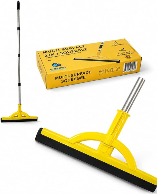 2-in-1 Heavy Duty Floor Squeegee and Water Broom with Telescopic Handle, EVA Foam Blade for Tile, Concrete, Marble, Garage, Patio and Shower Cleaning