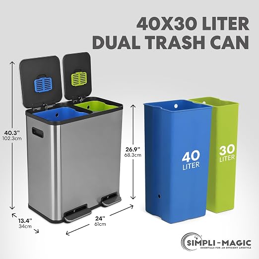 Simpli-Magic 18.5 Gallon (40L x 30L) Dual Compartment Step Trash Can – Kitchen Garbage Can with Waste & Recycling Bins – Slow-Close Lid, Odor Control, Hands-Free, Stainless Steel