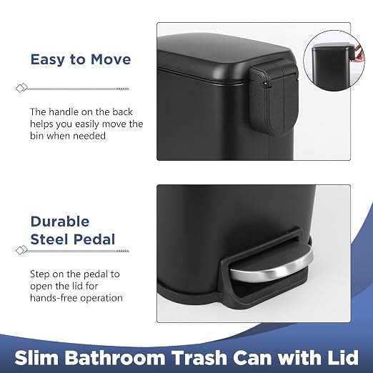 1.3 Gallon Small Kitchen Trash Can, Stainless Steel, Removable Plastic Inner Bucket Lid, Foot Pedal, for Bathroom