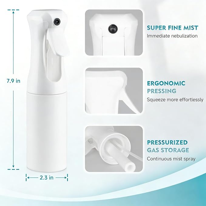 Continuous Spray Bottle for Hair, 6.8 OZ Ultra Fine Mist Spray Bottle | Leak Proof, Pre-Compression Technology, 360° Mist Sprayer for Hair Styling, Cleaning, Watering and Pets
