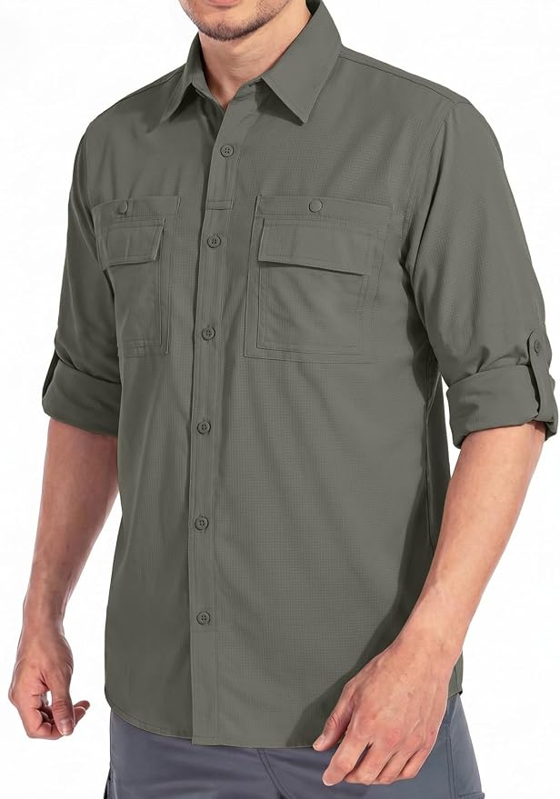 linlon Men's Safari Shirt UV Sun Protection Long Sleeve Hiking Travel | Button Down Mesh Back Vents UPF 50+ Quick Dry Breathable Cool Lightweight Outdoor Travel Fishing Gardening Clothes