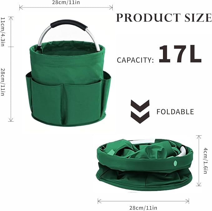 17L Waterproof Cleaning Supply Caddy 600D Foldable Storage Basket Green | Oxford Fabric Garden Tool Organizer Bag+6 Pockets Multifunctional Organiser Mop Bucket for Bathroom, Garden,Camping& Fishing