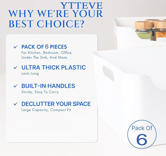 Ytteve 6-Pack Mixed Size White Plastic Storage Bins – Includes 2 Large (13"x9.5"x5.7") & 4 Medium (9.5"x6.7"x4.1") – Versatile Shelf Organizers for Kitchen Pantry, Closet, Bathroom, Office & Cabinet