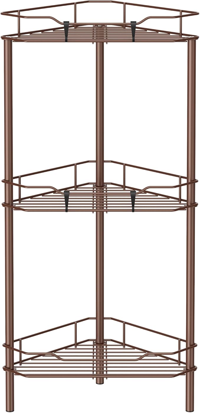 HuggieGems Metal Floor Standing Corner Shower Caddy, Coffee, 3 Tier | Adhesive Bathroom Organizer Shelves, Free Standing Shower Rack with Hooks, Hold Large Shampoo Bottles