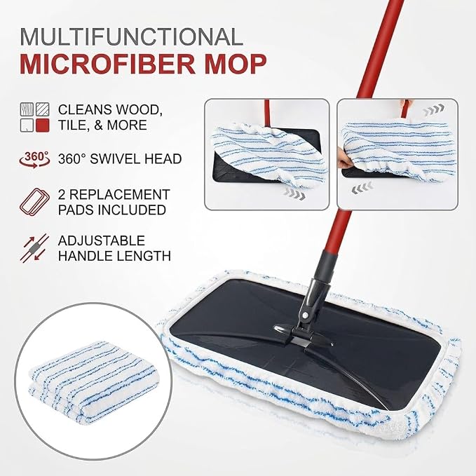 Microfiber Flat Mop Kit with Large Surface Dust Flat Mop for Floor Cleaning , 2 Reusable Pads & 1 Extendable 58" Long Handle O Cedar Hardwood Floor 'N More,Wet & Dry Use