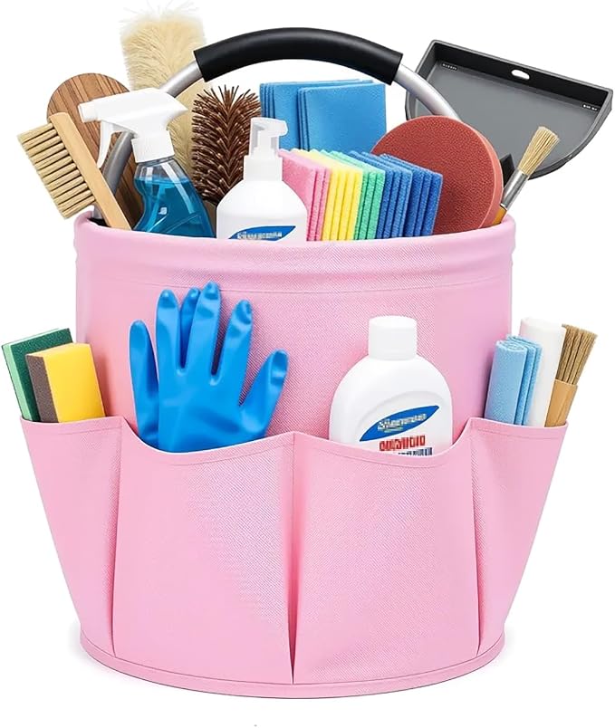 Cleaning Caddy with Handle, 17L Foldable Storage Basket, Heavy Duty 600D Oxford Cloth Organizer, Portable Supply Bag, Multi-Purpose Supplies Caddy for Home, Bathroom, Kitchen, Garden - Pink