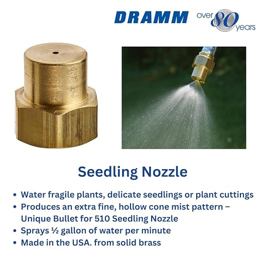 Dramm 12350 Seedling Nozzle – Solid Brass Fine Mist Sprayer for Fragile Plants, Seedlings, and Cuttings – Extra-Fine Hollow Cone Pattern for Gentle Watering, Gold
