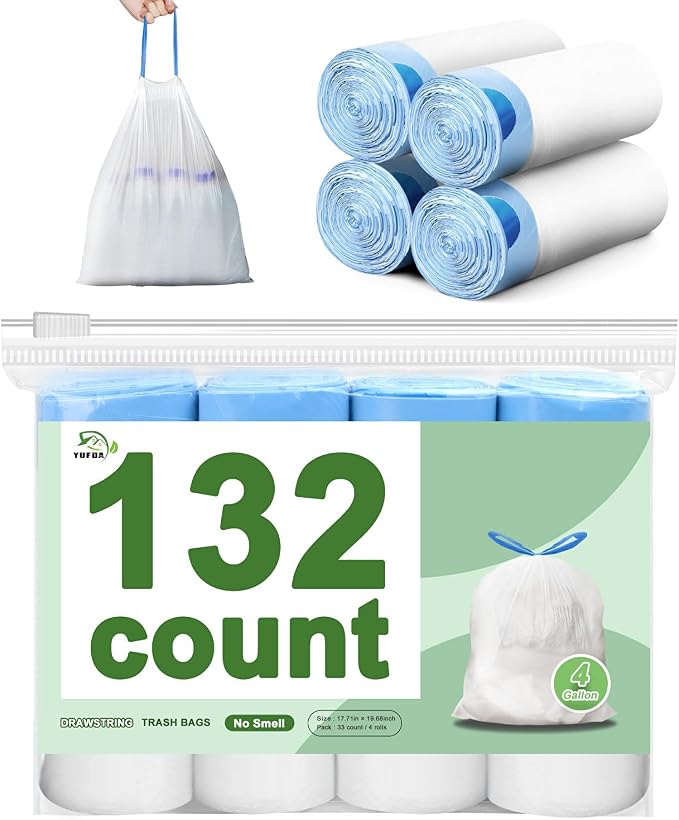 132 Count Small Trash Bags, 4 Gallon Drawstring Garbage Bags, Bathroom Wastebasket Liners, Tear-Free Plastic Bags for Toilet Home Office and Bedroom (White)