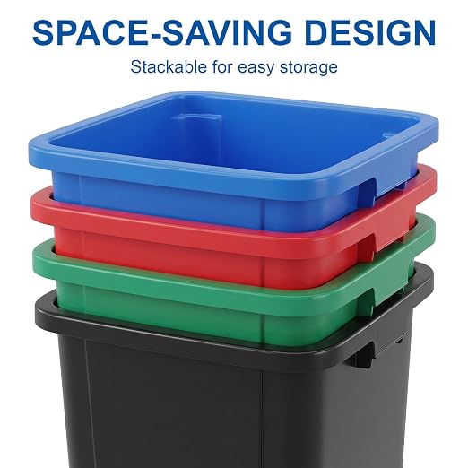 Sintuff 4 Pack 32 Qt Wastebasket Trash Container, 8 Gal Plastic, Stackable Trash Can for Kitchen Bathroom Office Fits Under Sink/Pullout/Desk, Black, Green, Red, Blue