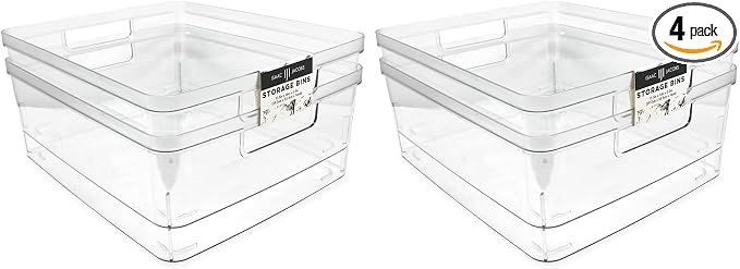 Isaac Jacobs 4-Pack Large Clear Storage Bins (11.5” L x 14” W x 5.5” H) w/Cutout Handles, Plastic Organizer for Home, Office, Kitchen, Fridge/Freezer, Bathroom, BPA Free, Food Safe (Large)