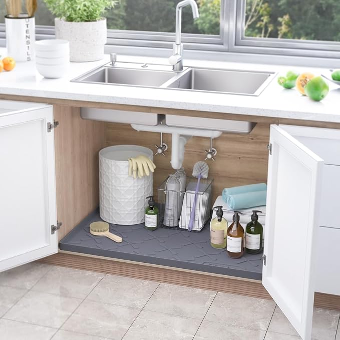 SIKADEER Waterproof Under Sink Mat Silicone 28" x 22" Kitchen Cabinet liner | BPA-Free Silicone Mat with Raised Lip Protects Cabinets from Leaks, Versatile Home Organizer for Bathroom, Pets, Boots, Floor