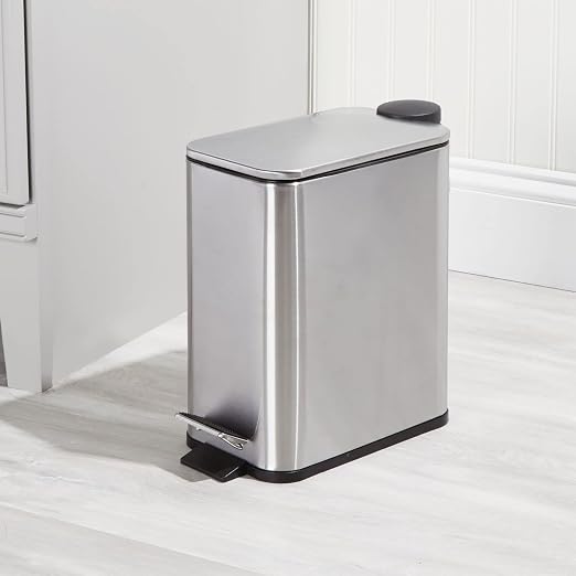mDesign Slim Metal Rectangle 1.3 Gallon/5 Liter Trash Can with Step Pedal, Easy-Close Lid, Removable Liner - Narrow Wastebasket Garbage Container Bin for Bathroom, Bedroom - Brushed Stainless Steel