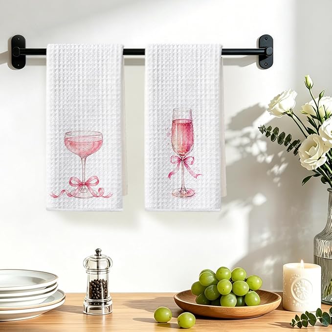 2 Pcs Pink Bow Champagne Kitchen Towels, Coquette Pink Reusable Dish Towels | Waffle Weave Hand Cloth Tea Towel for Kitchen Bathroom Home Decor, Alcohol Lover Gifts for Women Mom Friend 24x14 Inch
