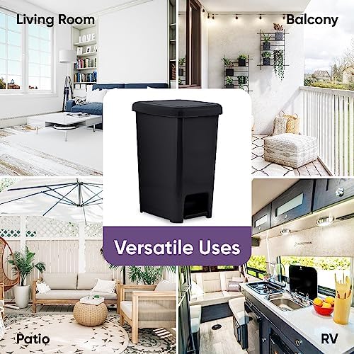 Superio Slim Step On Pedal Plastic Trash Can, Waste Bin for Under Desk, Office, Bedroom, Bathroom, Kitchen (2.5 gal) (Black)