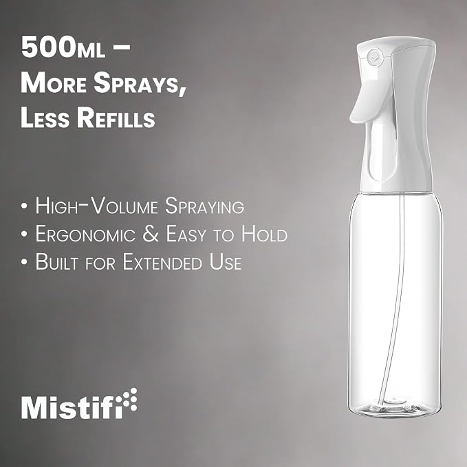 Mistifi Spray Plastic Bottle for Hair, Ultra Fine Mist, Water Mister for Hairstyling, Cleaning, Plants, Pets cleaning 17 oz/500ml, clear bottle
