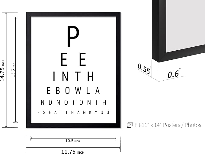 Poster Master 2-Piece Bathroom Sign Print - Eye Chart & Rules Poster - Humorous Guest Bath Decor - Minimal Typography Design - Powder Room Decor - Funny Restroom Sign - 11x14 Black Framed