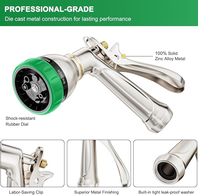 FANHAO Upgraded 100% Metal Garden Hose Nozzle Heavy Duty, 7 Spray Patterns | Rustproof Hose Sprayer Nozzle, Lockable Trigger, High Pressure Garden Nozzle for Watering Plants, Car & Pet Washing