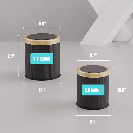 URALFA 2PCS Bathroom Trash Can Automatic Touchless, Motion Sensor Trash Can | 2.8 & 3.7 Gallon Bathroom Garbage Can with Lid, Smart Waterproof Trash Bin for Bedroom, Office, Restroom, Black and Gold